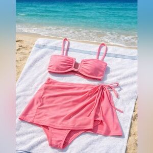 3 Piece Pink Bikini with Sarong Set